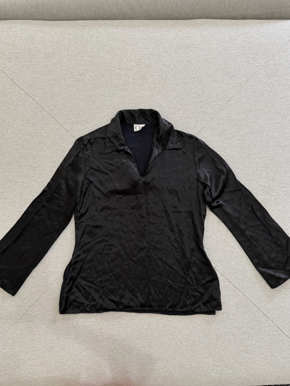 CLE Paris Black Satin V-Neck Collared Blouse